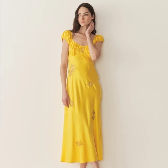 Doen Gwendolyn Silk Lace Short Sleeve Midi Maxi Dress Daylily Yellow Gold - Picture 4 of 15